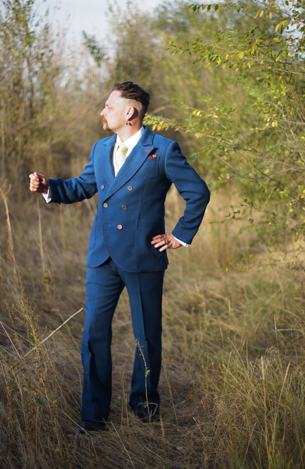 スーツ Double-breasted setup & shirt & tie Navy Chalk Stripe Double Breasted Suit Jacket with Peak Lapel | Dobell