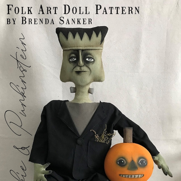 Frankenstein and Pumpkin Halloween EPATTERN-primitive cloth doll craft digital download sewing pattern-PDF Brenda Sanker