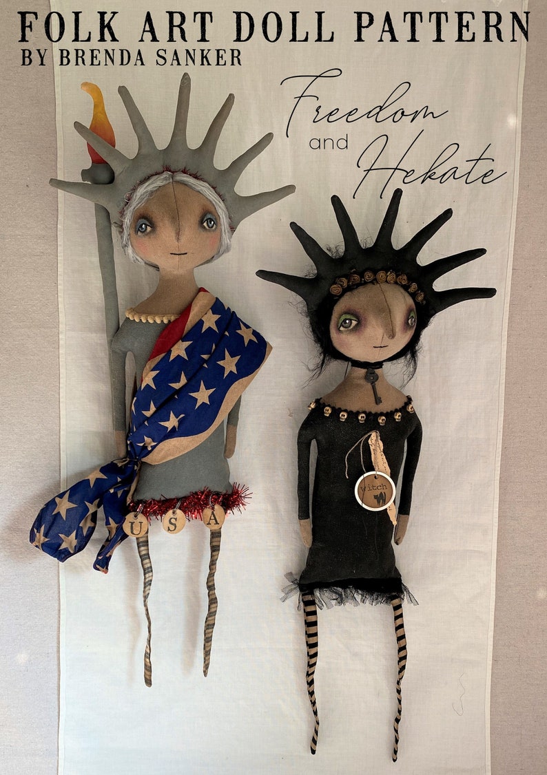 Freedom & Hekate EPATTERN-primitive cloth doll craft digital download sewing pattern Independence day Halloween witch PDF Brenda Sanker image 1