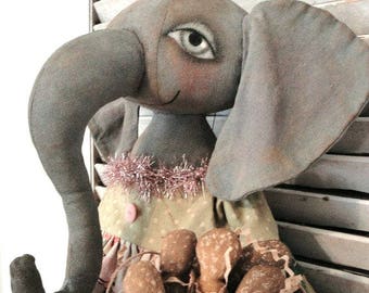 Elephant EPATTERN-primitive elephant cloth doll craft digital download sewing pattern-PDF Brenda Sanker