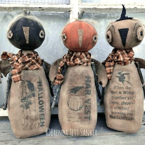 Owl and Pumpkins EPATTERN-primitive owl and pumpkins cloth doll craft digital download sewing pattern-PDF