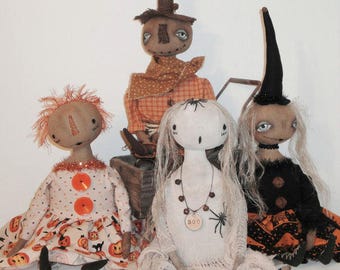 Witch, Ghost, Scarecrow, Annie EPATTERN-primitive Halloween cloth doll craft digital download sewing pattern-PDF Brenda Sanker