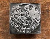 Vintage PRINTERS BLOCK - Southern Bell Woman with flowing dress holding ornate Umbrella