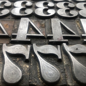 May include: Close-up of metal printing blocks with the numbers 3, 4, and 7. The blocks are arranged in rows and are made of a dark metal with a worn surface.