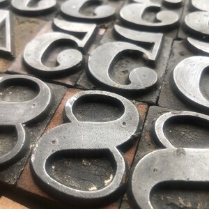 May include: Close-up of a set of vintage metal number eight printing blocks. The blocks are made of metal and have a worn, aged look. They are arranged in a random pattern on a wooden surface.