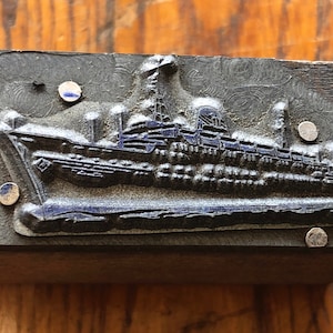 Vintage DRUCKER BLOCK - Ozeandampfer Schiff auf offener See