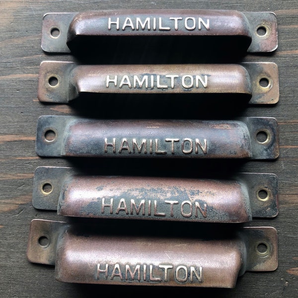 Set of FIVE Hamilton Antique printers type tray brass and/or copper slightly bent HANDLES pulls