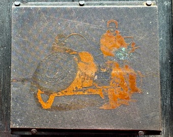 BLOC D'IMPRIMANTE EN cuivre typographique antique - Deux femmes chevauchant une moto avec side-car