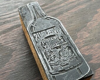 Bloc d'impression typographique antique - bouteille d'alcool publicitaire - whisky bourbon pur de River Falls