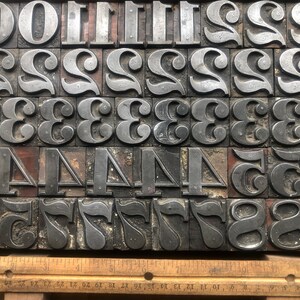 May include: A collection of vintage metal letterpress printing blocks featuring the numbers 0 through 9. The blocks are arranged in rows and are made of a dark gray metal with a worn, textured surface.