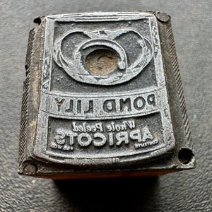 BLOCO DE IMPRESSORAS antigas - Propaganda de lata de damascos inteiros descascados de lírio da lagoa