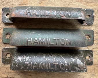 Set of THREE eclectic Hamilton Antique printers thin metal HANDLES pulls