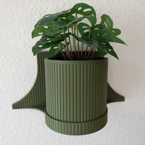 May include: A green, ribbed, cylindrical wall planter with a matching bracket, holding a green plant with large, hole-punched leaves. The planter is mounted on a textured white wall, creating a modern, minimalist aesthetic.