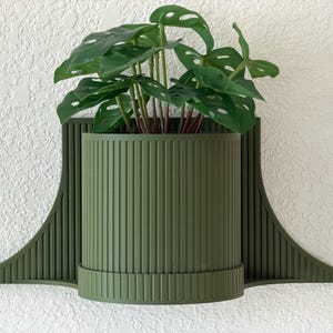 May include: A green wall-mounted planter with a ribbed cylindrical pot and a matching decorative backing. The planter holds a vibrant green plant with large, perforated leaves. The design is modern and minimalist, suitable for indoor or outdoor use.