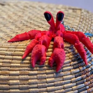 May include: A red plastic crab keychain with black eyes. The crab is attached to a silver key ring.