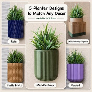 May include: Five different planter designs are shown, each with a faux plant. The planters are in various colors and styles, including a navy blue, brown, green, and purple. Text on the image reads "5 Planter Designs to Match Any Decor" and "Available in 3 Sizes."