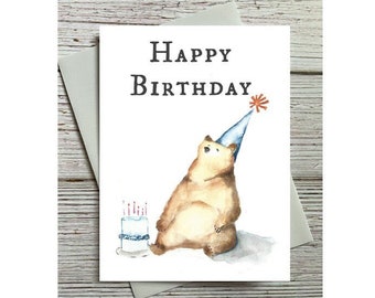 Birthday Bear Greeting Card -Blank Inside, Happy Birthday, Old Fashioned Bear Card, Bear in a Party Hat, Bear and Cake