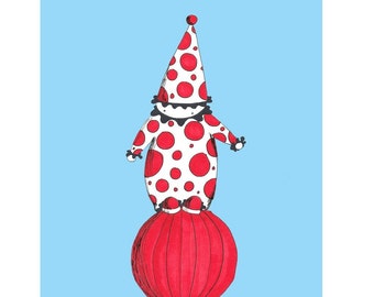 Red and White Polka Dot Clown 8x10” Art Print - Classroom Bedroom Playroom Decor