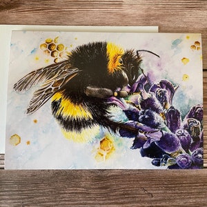 Large 5x7” Folded Greeting Fine Art Card Blank Inside Bee and Lavender