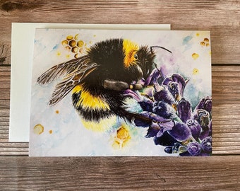 Large 5x7” Folded Greeting Fine Art Card Blank Inside Bee and Lavender
