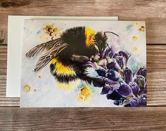 Stort vikt gratulationskort på 13x18 cm, blankt inuti, bi och lavendel