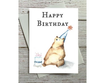 Birthday Bear Printable Birthday Card - Digital Downloadable File - Prints on 8.5 x 11" - Happy Birthday Bear in a Party Hat - Blank Inside