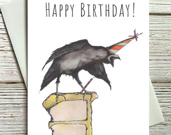 Birthday Card Blank Inside Raven Crow with a Party Hat