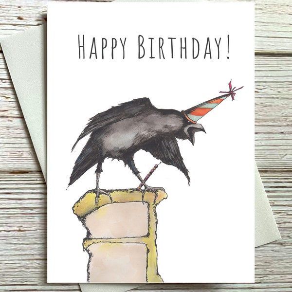 Funny Birthday Card Blank Inside Raven Crow in a Party Hat