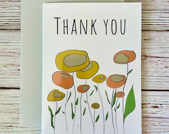 Thank You Card Blank Inside - Modern Thank You - Abstract Thank you - Flowers Thank you - 4x6 (A6)