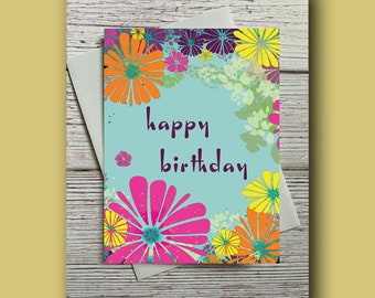 Birthday Greeting card - Happy Birthday Card Flowers - Blank Inside - Size A6 Birthday Card - Tiki Inspired Flowers Card