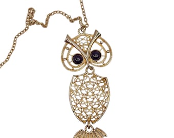 Vintage Sarah Coventry Owl Pendant Necklace: Gold Tone Filigree 1970s