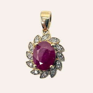 Vintage 9K Yellow Gold Ruby and Diamond Floral Cluster 375 Pendant Fine Jewellery