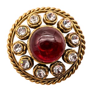 CHANEL Vintage 1980s Gripoix Red Glass Cabochon Brooch with Clear Crystal Rhinestones Gold Rope Trim French Couture Jewelry