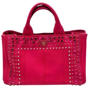 Authentic Prada Canapa Tote: Large Pink Canvas Bag, Gold Hardware, Y2K