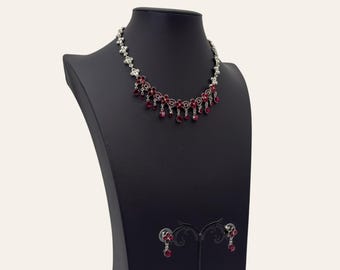 Vintage NOS Red Rhinestone Necklace and Earrings Set Silver Tone Dangle Statement Jewelry