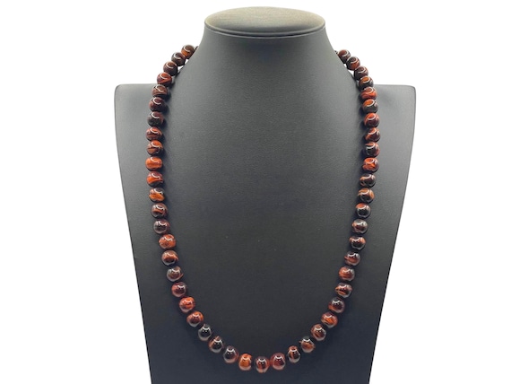 Vintage Red Tiger's Eye Beaded Necklace: Gold Tone Clasp, Earthy Gemstone Strand