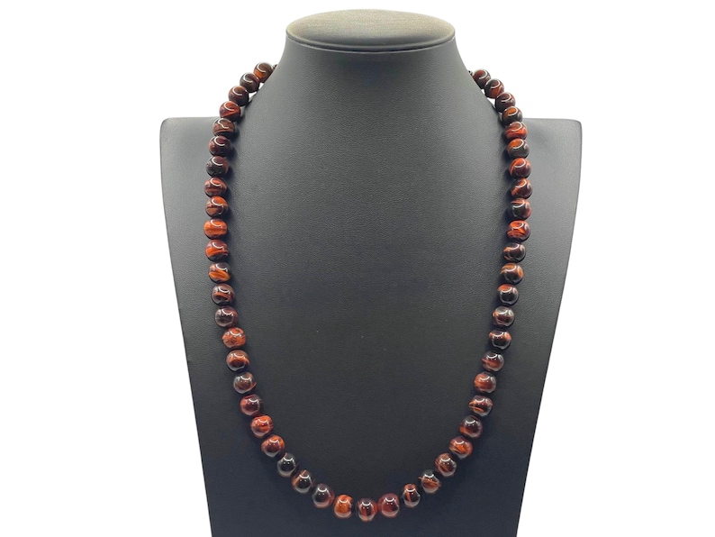 Vintage Red Tiger's Eye Beaded Necklace: Gold Tone Clasp, Earthy Gemstone Strand image 1