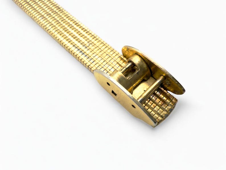 May include: A gold-toned metal watch band with a mesh-like design. The band features a clasp with a rectangular grid pattern and two oval-shaped end pieces. The band is set against a white background.