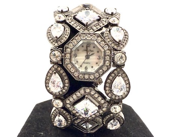 Joan Boyce Vintage Crystal Cuff Watch: Gunmetal Rhinestone Octagon Dial