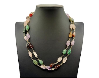 Vintage 1970s Gemstone Pebble Necklace: Extra Long Boho Layering Jewelry