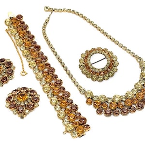 Conjunto de joyas vintage con diamantes de imitación: parure de topacio ámbar, glamour de mediados de siglo