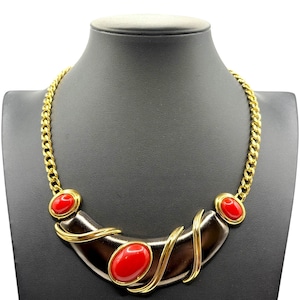 Monet Vintage Statement Necklace Gold Tone Red Cabochon 1980s Bold Collar Chunky Chain Designer Costume Jewelry Retro Style