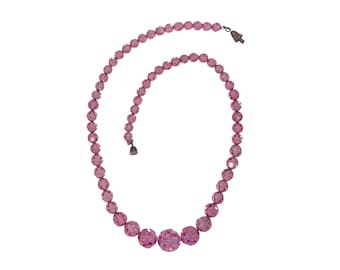 Vintage 1950s Pink Crystal Necklace Faceted Glass Beads Rhinestone Clasp Mid-Century Jewelry