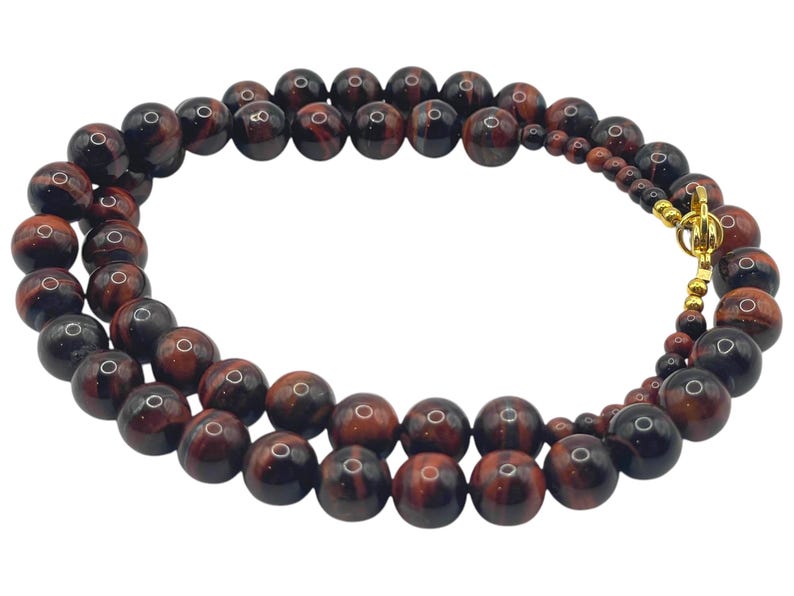 Vintage Red Tiger's Eye Beaded Necklace: Gold Tone Clasp, Earthy Gemstone Strand image 2