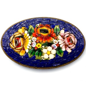 Vintage Italienische Mosaik Brosche: Floraler Vergoldeter Messingschmuck