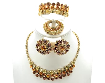 Set di gioielli vintage con strass: parure in ambra e topazio, grande parure glamour di metà secolo in stile Juliana