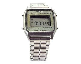 Herrklocka med digital kronograf från Seiko från 1980-talet, LCD-klocka i rostfritt stål