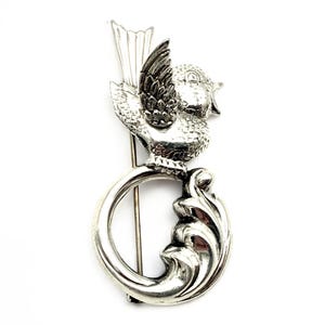 Lang Vintage Sterling Silver Bird Brooch Mid-Century Figural Swallow Design Leaf Circle Motif Signed Collectible Pin