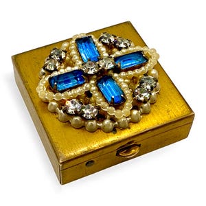 Faux Pearl and Rhinestone Flower Pill Box Trinket Box Vintage Gold Tone Brass Divided Compartment