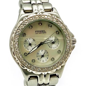 Fossil Blue Vintage Stainless Steel Ladies Watch With Mother Of Pearl Dial And Crystal Bezel Quartz 100M WR
